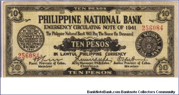 S217b Rare Cebu 10 Pesos note redeamed by Leyte province, Leyte. Banknote