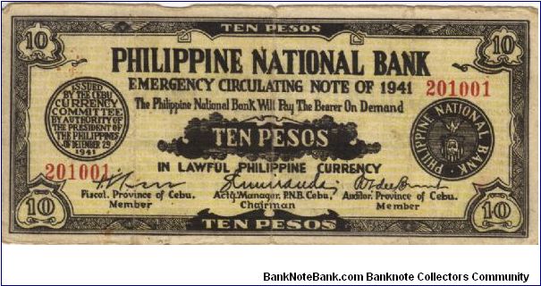 S217b Rare Cebu 10 Pesos note redeamed by Calubian, Leyte. Banknote