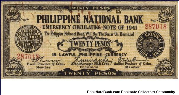 S218a Rare Cebu 20 Pesos note, redeamed by Tacloban, Leyte. Banknote