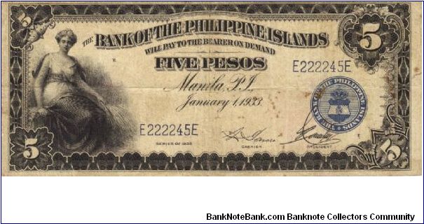 PI-22 Bank of the Philippine Islands 5 Pesos note. Banknote