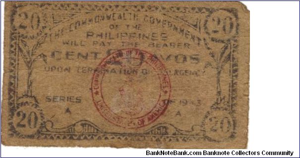 S-403 Rare Leyte  Emergency Currency Board 20 Centavos note. Banknote