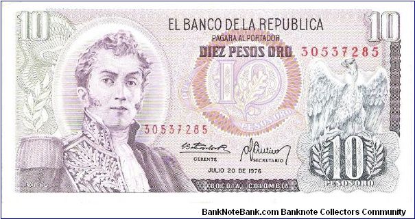 Colombia 10 pesos July 20 1976.

General Antonio Nariño at left. Condor at right. Archaeological site (Parque arqueológico San Agustin) Banknote