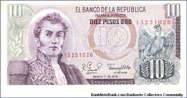 Colombia 10 pesos August 07 1979.

General Antonio Nariño at left. Condor at right. Archaeological site (Parque arqueológico San Agustin) Banknote
