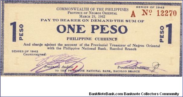 S-654a RARE Commonwealth of the Philippines Negros Oriental 1 Peso note. Banknote