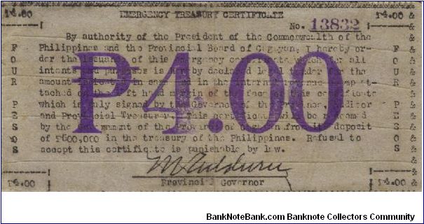 S-167a RARE Cagayan Emergency Treasury Certificate 4 Pesos note with revenue stamp. Banknote