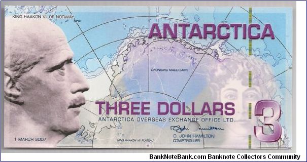 Antarctica 3 Dollars 2007 PNL Specimen. Banknote