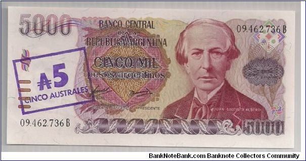Argentina 5 Australes on 5000 Pesos 1985 P321. Banknote