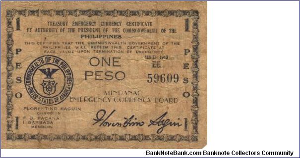 S-495 Mindanao 1 Peso note, series EE. Banknote