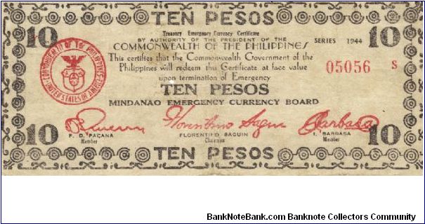 S-527d Mindanao Emergency Currency Board 10 Pesos note. Banknote