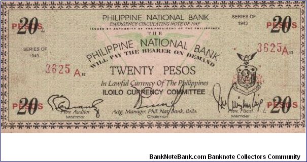 PI-330 Extremely RARE Iloilo 20 Pesos note. This note is RARE in any condition but virtually unknown in this Uncirculated condition. Banknote