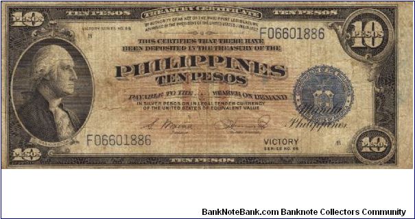 PI-97 Philippine 10 Pesos Treasury Certificate with Victory on reverse. I will sell this note for best offer or trade for notes I need. Banknote