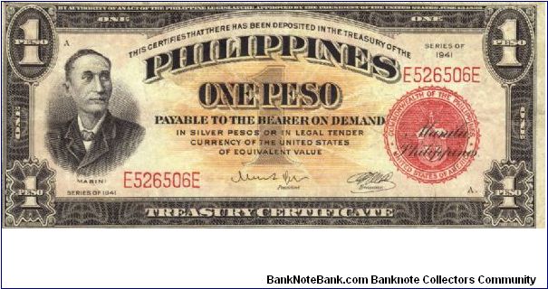 PI-89a Philippine 1 Peso Treasury Certificate note. Banknote