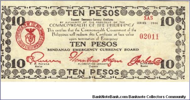 S-527f Mindanao Emergency Currency Board 10 Pesos note, series SA5. Banknote