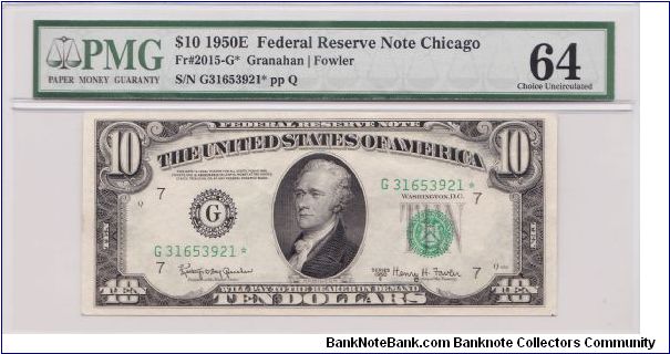 1950 E $10 CHICAGO FRN

**STAR NOTE**

**PMG 64 CU**

**SUPER KEY NOTE** Banknote