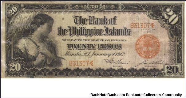PI-9a RARE Philippine Islands 20 Pesos note with Garcia and Hord signatures. Banknote