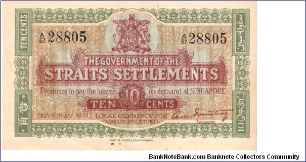 Government of the Straits Settlements; 10 cents; October 14, 1919

Part of the Dragon Collection! Banknote