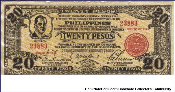 S-224a RARE Cebu twenty Pesos note signed on reverse by 3 board members. Banknote