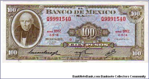 100 Pesos__

pk# 61 h__

27-June-1972__

Series BHZ
 Banknote