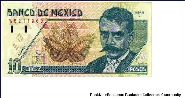 10 Pesos__
pk# 105 a__
06-May-1994__
Series L
 Banknote