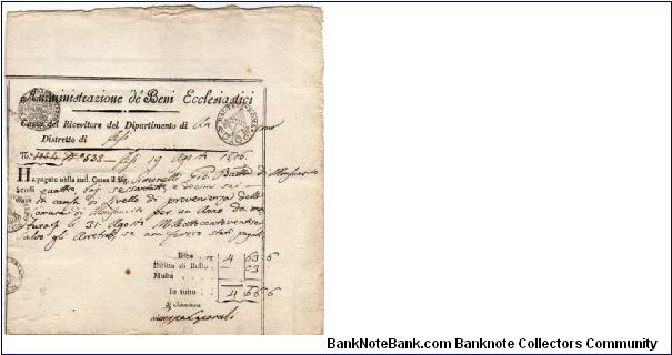 *ITALY*__*RECEIPT OF PAYMENT*__

4 Scudi / 66 Baj / 6 Decimi__

pk# NL__

19-August-1826__

Administration of Ecclesiastical Property
 Banknote