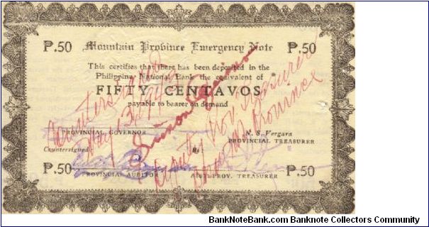 S-594b Mountain Province 50 centavos note with countersign signatures on front. Banknote