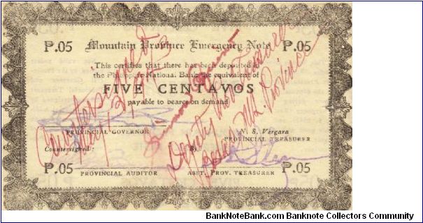 S-591 Mountain Province 5 centavos note with countersign on front. Banknote