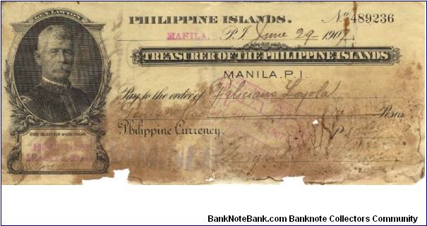 RARE Treasurer of the Philippine Islands Governer Lawton check. Banknote