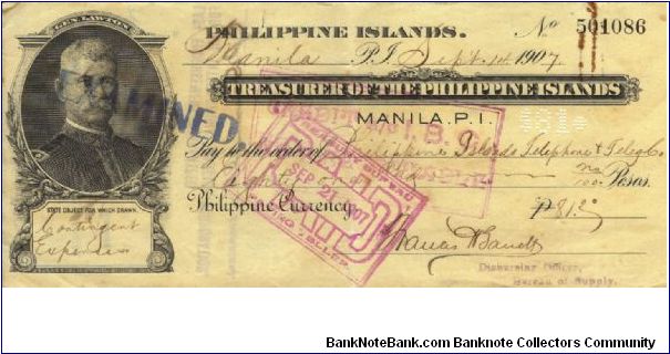 RARE Treasurer of the Philippine Islands Govonor Lawton check Banknote