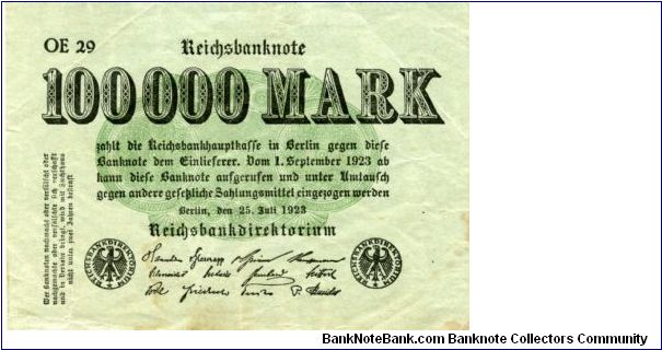 Weimar Republic
Treasury notes
3rd Issue
100,000 Marks
25 July
Green/Black
Value & Geometric pattern in center
Uniface
Wtmk GD in stars Banknote