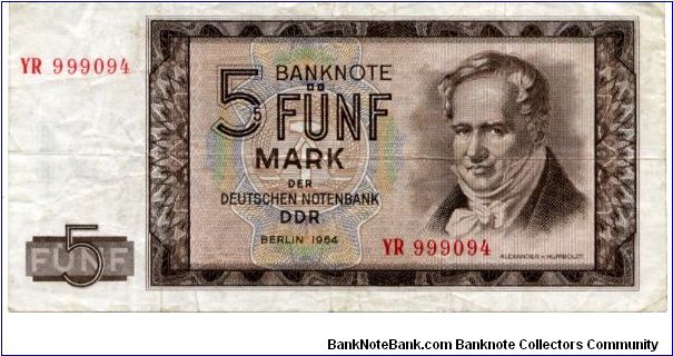 DDR 
DEUTSCHE NOTENBANK
5 Marks
Purple
Alexander Humbolt
State emblem, Humbolt University
Wtmk Hammer and compass Banknote