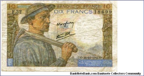 10 Francs
Miners
Multi
Farmers wife with child
Wtmk Helmeted head Banknote