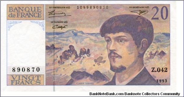 20 Francs
Purple/Blue/Brown
Claude Debussy (Composer)sea scene in background
Claude Debussy and lake scene in background
Security thread
Wtmk Debussy Banknote