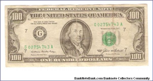 100 Dollars.

Portrait Benjamin Franklin at center on face; Independence Hall on back.

Pick #479 Banknote