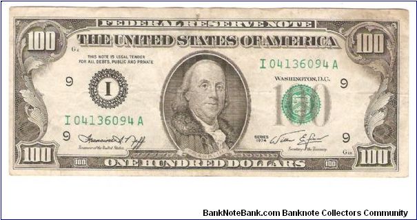 100 Dollars.

Portrait Benjamin Franklin at center on face; Independence Hall on back.

Pick #460 Banknote