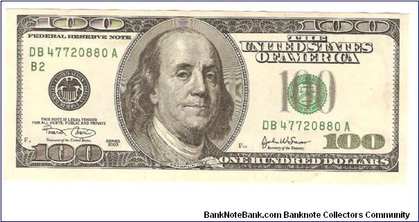100 Dollars.

Redesigned and enlarged portrait of Benjamin Franklin at left center on face; Independence Hall on back.

Pick #519a Banknote
