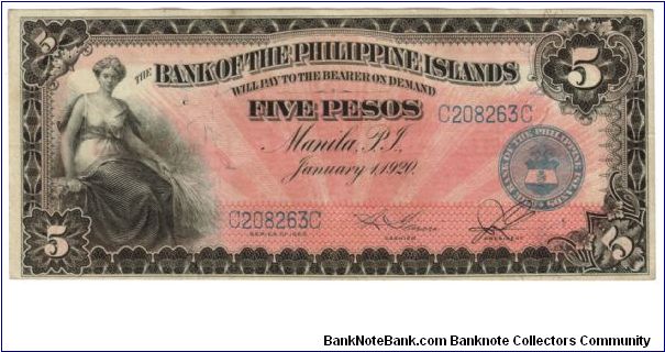 1920 5 Pesos XF/AU+ (BANK OF THE PHILIPPINE ISLANDS)
SN:C208263C Banknote