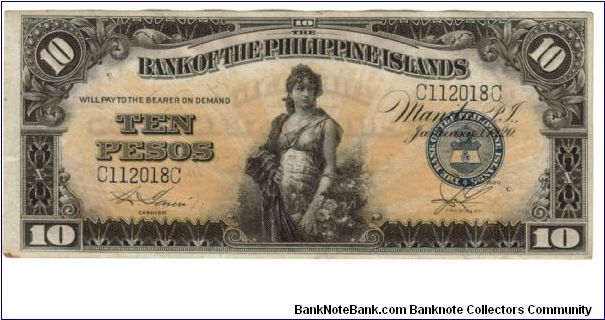 1920 10 Pesos XF/AU+ (BANK OF THE PHILIPPINE ISLANDS)
SN:C112018C Banknote