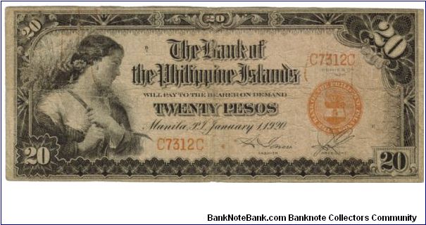 1920 20 Pesos 
FINE (BANK OF THE PHILIPPINE ISLANDS)
SN:C7312C (Low) Banknote