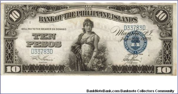 1928 10 Pesos XF/AU+ (BANK OF THE PHILIPPINE ISLANDS)
SN:D33783D Banknote