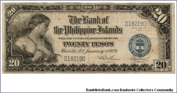 1928 20 Pesos VF (BANK OF THE PHILIPPINE ISLANDS)
SN:D18219D (Interesting SN) Banknote