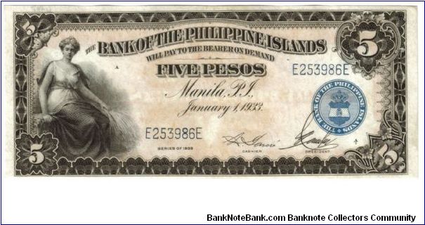 1933 5 Pesos UNC (BANK OF THE PHILIPPINE ISLANDS)
SN:E253986E Banknote