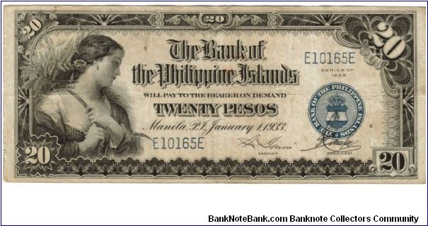 1933 20 Pesos VF (BANK OF THE PHILIPPINE ISLANDS)
SN:E10165E Banknote