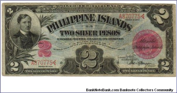 1906 2 Pesos F (PHILIPPINE ISLANDS-Silver Certificate)
SN:A870775 Banknote
