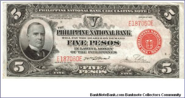 1937 5 Pesos XF/AU+ (PNB- Circulating Note)
SN:E187050E Banknote