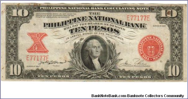 1937 10 Pesos VF+ (PNB- Circulating Note)
SN:E77177E (True Radar Binary) Banknote