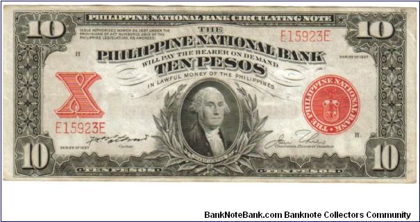 1937 10 Pesos XF+ (PNB- Circulating Note)
SN:E15923E Banknote