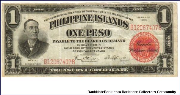 1924 1 Pesos VF+ (PI- Treasury Certificate)
SN:B12067407B Banknote