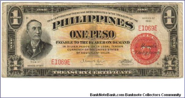 1941 1 Pesos VF (P- Treasury Certificate)
SN:E1069E (Low SN) Banknote