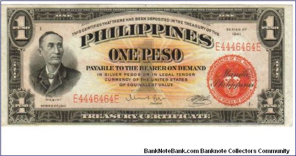1941 1 Pesos UNC (P- Treasury Certificate)
SN:D4446464D(Binary) Banknote