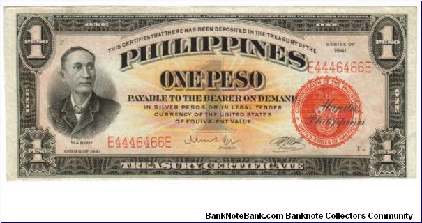 1941 1 Pesos UNC (P- Treasury Certificate)
SN:D4446466D(Binary) Banknote